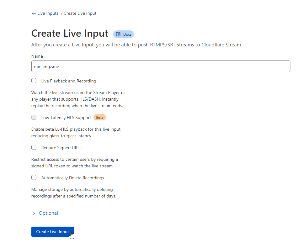 Cloudflare Stream Create Live Input Form